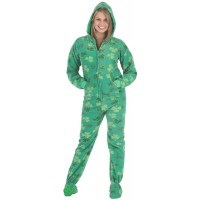 Fleece - Schlafoverall Jumpsuit Einteiler grün Kleeblatt-Motive SHAMROCKS mit Kapuze